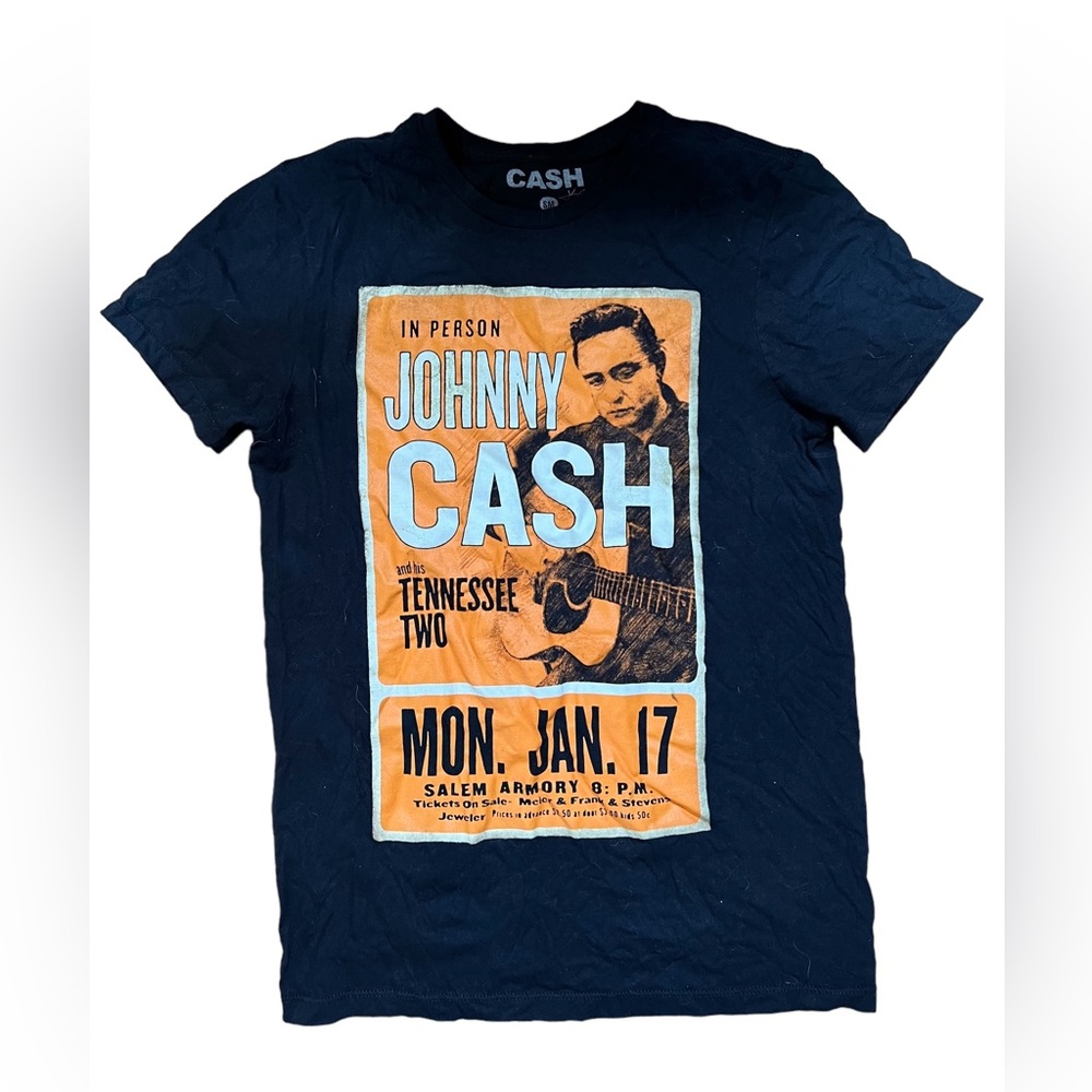Johnny Cash Shirt Short Sleeve Crew Neck Black Country Music Concert Tee Small